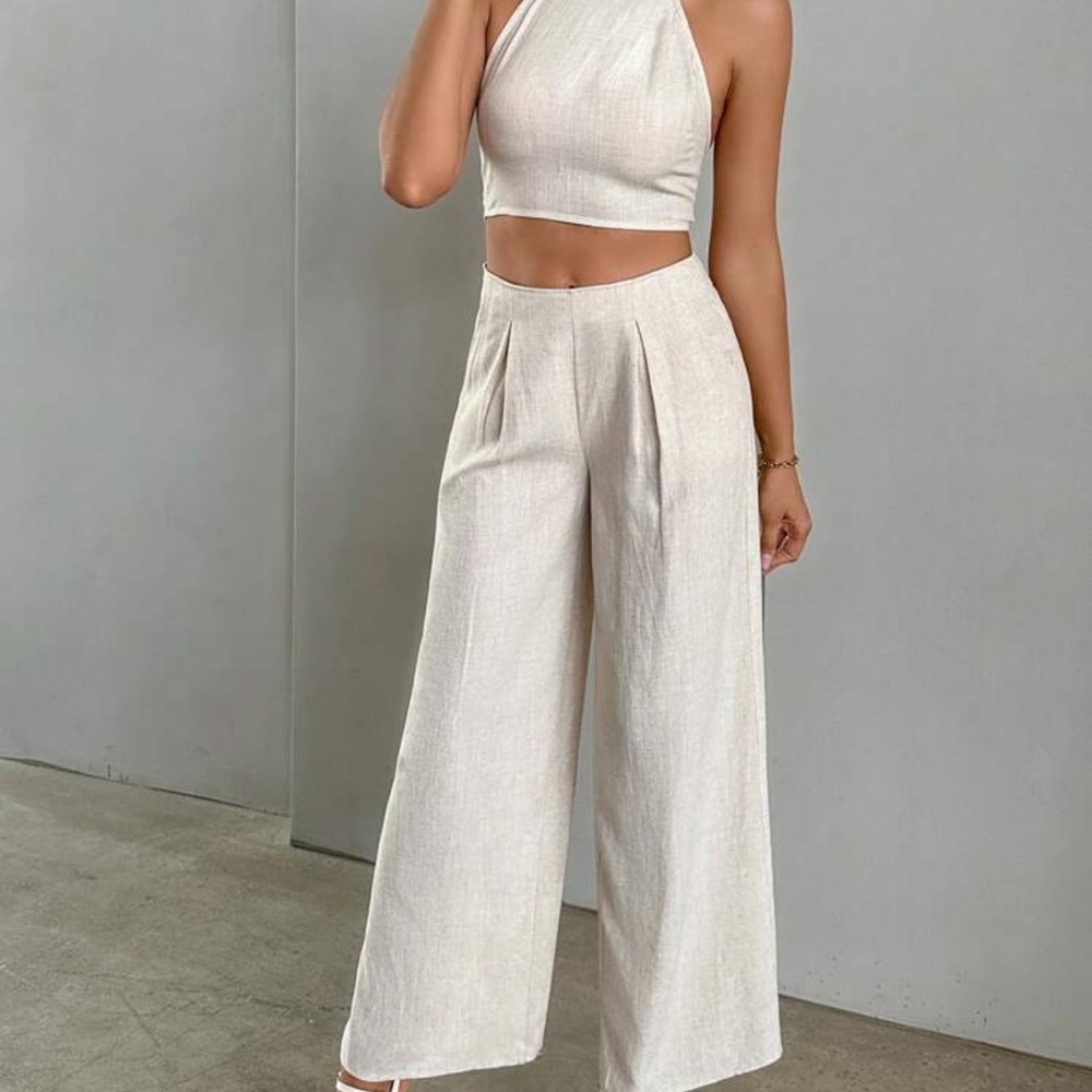 Cream Wide Leg High-Waisted Pants with Tie Detail